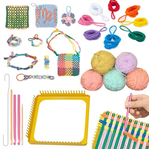 ULIONTAC 2-in-1-Webstuhl-Set, Näharbeiten, Handwerk, 19,1 cm, massives Metallplatte, Topflappen, Webstuhl mit 5 Farben, 4 Strängen, Garn und bunten Schlaufen, Strick-Geschenk-Set