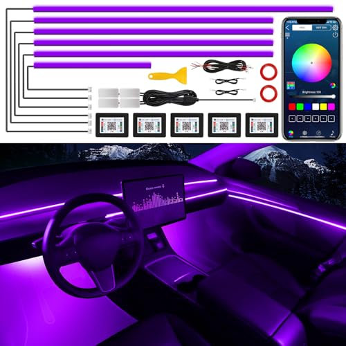 Acrylic Interior Car LED Strip Light with Wireless APP, 10 in 1 with 175 inches 593 LEDs Neon LED Strip Light, RGB Colors Dynamic Music Sync Car Ambient Lighting Kits