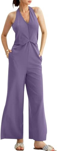 CHERFLY Tuta da Donna Elegante Estiva Senza Maniche Scollo a V Senza Schienale Jumpsuit Pantaloni a Gamba Larga Spacchi Laterali con Tasche(Viola,S)