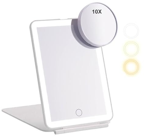 Rechargeable Travel Makeup Mirror with Light, LED Folding Vanity Mirror with 10x Mini Magnifying Mirror, Portable Lighted Makeup Beauty Mirror, 3 Color Lighting, Dimmable Touch Screen