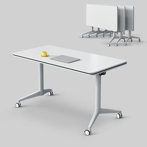 Modern Conference Room Table, Folding Conference Table, Rectangular Training Desk, White Meeting Desk with Silent Wheels, for Meeting Room,Classroom 4pcs 180cm