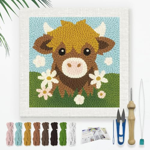 DOODLREAM Highland Cow DIY Punch Needle Stickset Für Erwachsene Und Anfänger 24cm Highland Cow Animal Punch Stitching Bastelset Für Anfänger Mit Rahmen Stoffmuster Einfädler Garn Punchneedle