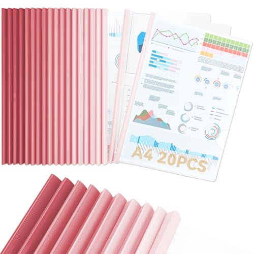 20 Stück Klemmschienen A4, 90 Blatt, Klemmmappe A4, Bewerbungsmappen, Rosa | Rückenbreite 10 mm, Transparentem Deckel aus PP Kunststoff für Office Schule File Dokumente Organizer