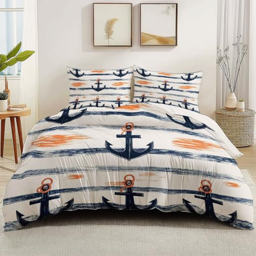 Set Copripiumino Reversibile Bianco, Microfibra Morbida Stampa Design retrò con elementi nautici con Cerniera, Biancheria da Letto Ragazzi Adulti Ipoallergenico, 260 x 220 cm