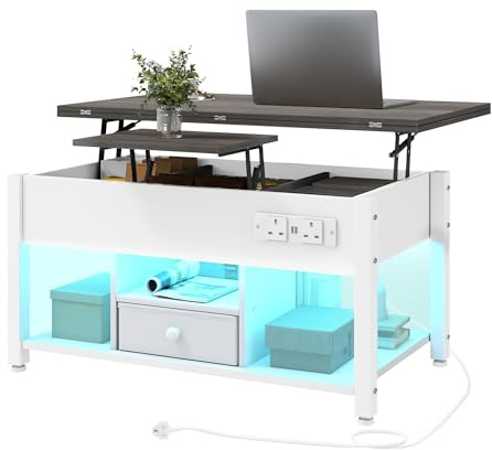 TAUS Lift Top Coffee Table Foldable with Storage Compartment, Convertible Coffee Table to Dining Table with Drawer and RGB LED Light for Living Room, Home Office, White and Grey