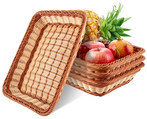 AKOLAFE 4 Piezas Cestas de Pan Trenzadas Bicolor, Cesta Rectangular Cesta Pan Trenzada Apilable de Plástico Trenzado 35 x 25 x 7 cm para Restaurante Cocina Hogar Mesa