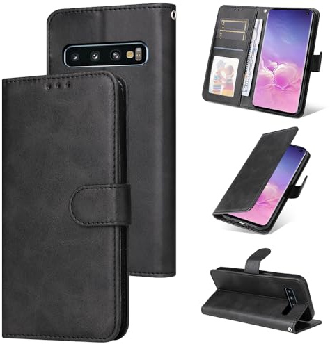 E-Lush Handyhülle für Samsung Galaxy S10 Hülle Leder, Schutzhülle für Samsung S10 Standfunktion Kartenfach Klapphülle 360 Stoßfeste RFID-Blockierung Wallet Flip Case, Schwarz