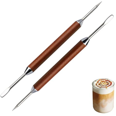 2PCS Double-Ended Latte Art Pen, 304 Stainless Steel Coffee Art Tool with Black Wood Handle, Professional Barista Latte Needle for Espresso Cappuccino, Home Cafe Barista Accessories