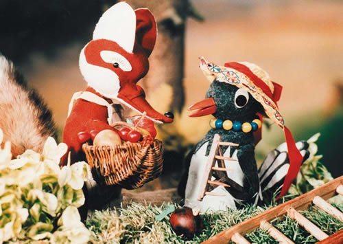Postkarte SANDMÄNNCHEN - Motiv: HERR FUCHS UND FRAU ELSTER - APFELERNTE, Anlass: Kindermotive, Künstler/Verlag: KARTENKOMBINAT © MDR, RBB, TELEPOOL GMBH, Größe: A6