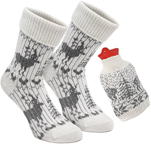 BRUBAKER Cosy Gift Set Warm Feet Women's Norwegian Socks with Hot Water Bottle Red - Cosy Socks Set for Women - Grey