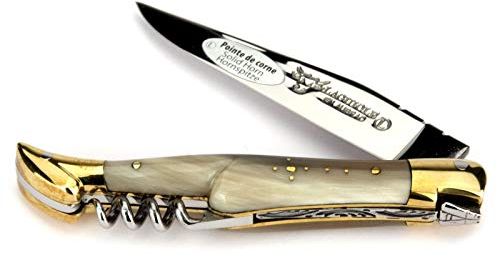 Laguiole en Aubrac Taschenmesser - 11 cm - Korkenzieher - Griff Hornspitze - Backen Messing - Klinge 12c27 Sandvik Stahl