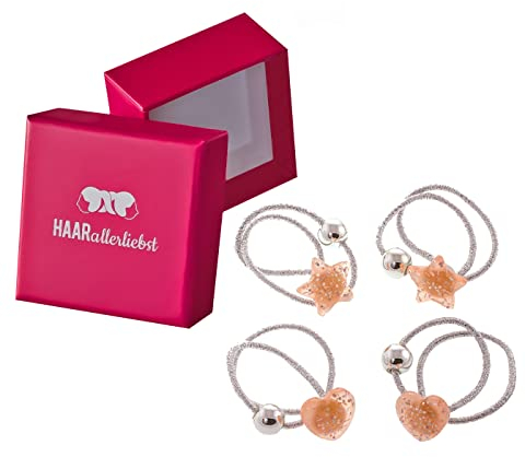 HAARallerliebst Haargummi Set (4 teilig | Herzen und Sterne Glitzer | silber) für Mädchen inkl. Schachtel zur Aufbewahrung (Schachtelfarbe: pink)