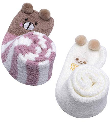 LittleForBig Cute Animal Coral Fleece Thigh High Long Striped Socks 2 Pairs-Brown/White
