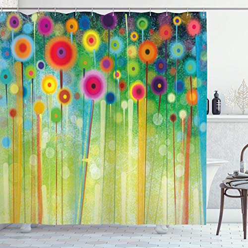 ABAKUHAUS Blumen Duschvorhang, Abstrakte Kunst Löwenzahn, Stoffliches Gewebe Badezimmerdekorationsset mit Haken, 175 x 240 cm, Grün Magenta