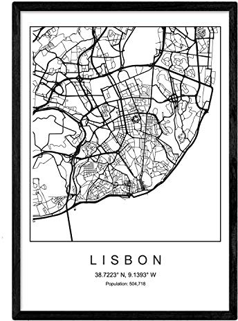 Carte de la carte ville Lisbonne Style nordique en noir et blanc. Affiche A3 Taille encadrée avec du papier noir imprimé 250 gr. Photos, draps et affiches pour salon et chambre à coucher