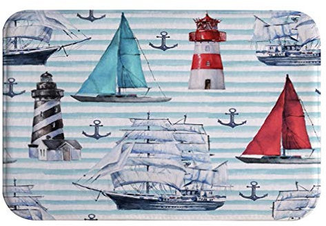 A.Monamour Badematten Badteppiche Badvorleger Aquarell Boote Schiffe Anker Leuchtturm Nautische Muster Auf Blau Gestreiften Saugfähigen Flanell Anti-Rutsch Runner Teppiche Tür Matte 40x60cm