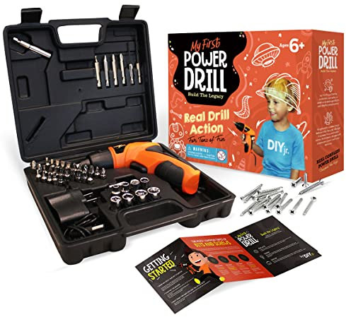 My First Power Drill Set - Real Cordless Drill for Boys and Girls - Lightweight, LED Light, Child Size Kit, Carrying Case, Includes Bits, Charger, 5 Year Warranty