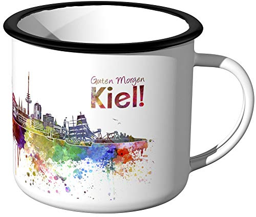 JUNIWORDS Emaille-Tasse, Guten Morgen Kiel, Skyline Aquarell, Schwarzer Tassenrand