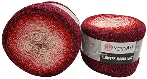 YarnArt Flowers 500 Gramm Bobbel Wolle mit Glitzer und Farbverlauf, 53% Baumwolle, Bobble Strickwolle Mehrfarbig (rot rosa weiß 3269)
