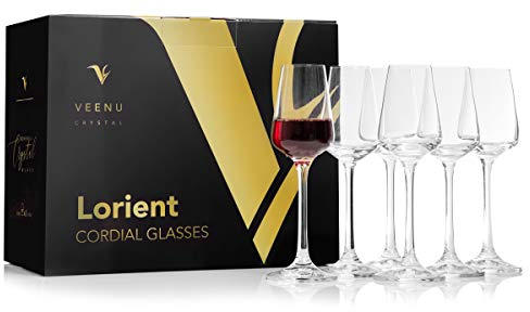 VC Veenu Crystal Wine Glasses Set of 6, Bohemia Crystal Cordial Stemmed Red & White Port Wine Glass Set, 100% Lead-Free Glass 2.19 Oz (65 ML)