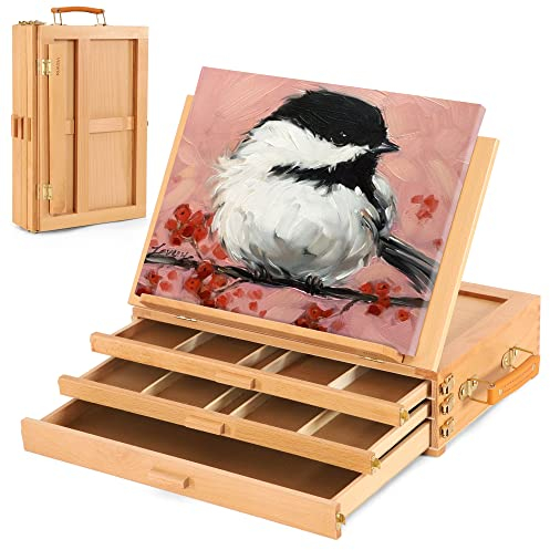 VISWIN Large Tabletop Easel with 3 Storage Drawers, Adjustable Beech Wood Table Top Easel for Painting, Portable Sketch Box for Art Supplies, Desktop Travel Art Easel for Adults, Artists, Students