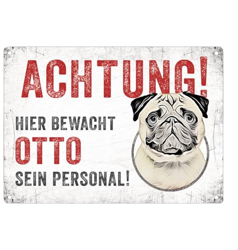 Cadouri Hunde-Warnschild ACHTUNG! (Mops) » personalisiert mit Name «┊UV-beständig┊Türschild mit Hundemotiv 28 x 20 cm┊tolle Geschenkidee für Hundebesitzer