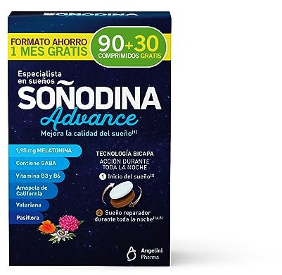 Soñodina Advanced 90+30 Comprimidos - Complemento alimenticio con Melatonina, GABA, Vitaminas B3 y B6, extractos de Amapola de California, Valeriana y Pasiflora - Ayuda a mejorar la calidad del sueño