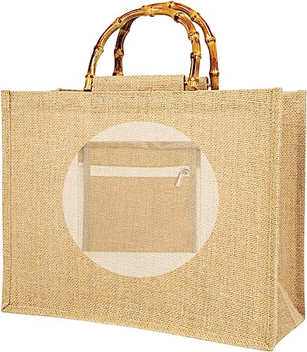 Tibroni Borsa Juta Borse Juta da Rivestire All'uncinetto Borsa Uncinetto Borse Uncinetto Manici Bamboo, Borsa Juta da Rivestire, Shopping Picnic Viaggi Spiaggia (39 x 31 x 15 cm) con Tasca Interna
