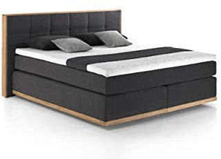 Mivano Levana Boxspringbett mit Sockel aus Eiche, 7-Zonen-Federkern, Matratzen H4 + Topper Premium, Chenille, Schwarz, Liegefläche 180 x 200 cm