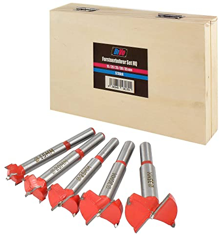 TCT Forstnerbohrer Set 5 teilig Ø15-35 mm im Holzkasten (Scharnierbohrer/Bohrlochsäge für Holz, Kunststoff, Sperrholz/Kreisbogen/Dübelbohrer)