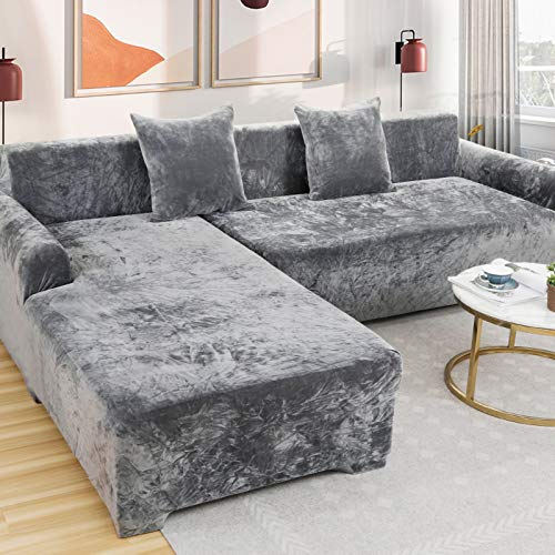 DZWAZD Sofabezug l Form, Samt elastisch sofabezug 1/2/3 sitzer Sofa überzug ecksofa bezug sofaüberwurf l Form/u Form Couch überzug Couch überwurf couchbezug l Form sofahusse, 145-185cm, Grau