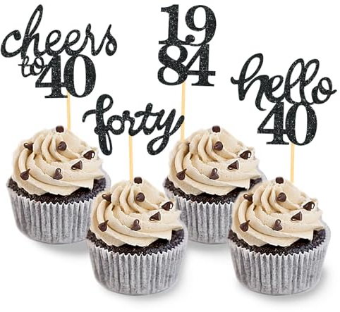 24 Stück Glitzer 40. Geburtstag Cupcake Topper, Geburtstagsdeko 40 von 1985 für Deko 40 Geburtstag, 40 Geburtstagsfeier Zubehör Party Dekoration Kuchendekoration (Schwarz)