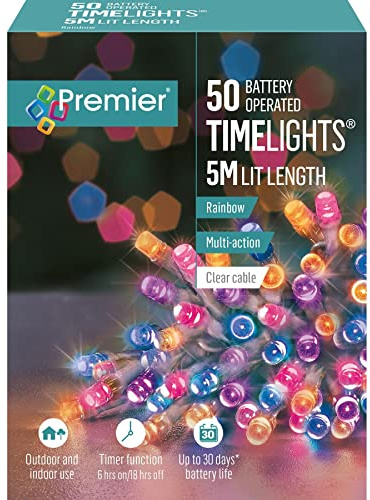 Premier 50 Timelights Battery Operated 5m Clear Cable Multi Action String Lights - Rainbow