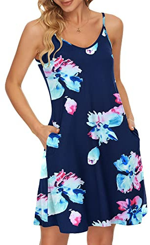 WNEEDU Robe d'été à Bretelles Spaghetti pour Femme, Bleu Marine Rose Fleur, L