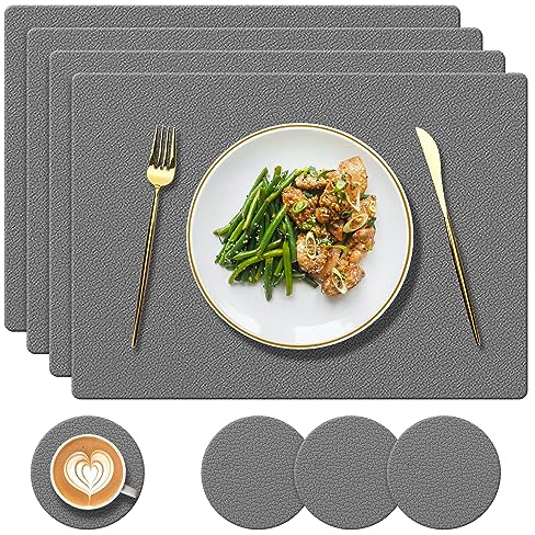 YUNJUER 4 Silikon Tischsets und waschbare 4 Untersetzer Set, Hitzebeständig 230℃, rutschfeste wasserdichte abwischbare Tischsets für Esstisch, Restaurant, Innenküche, Outdoor, Dunkelgrau