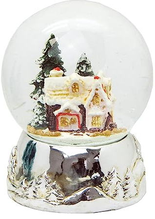 Nostalgie Schneekugel Zuckerbäckerhaus im Winterwald * Silber Sockel Landschaftsmotiv * Spieluhr We Wish You a Merry Christmas * 10cm Schüttelkugel - 20164
