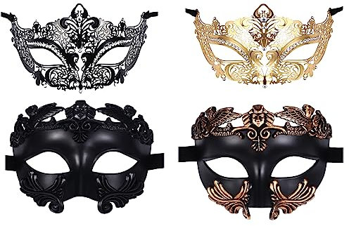 JewelryWe Maskerade Maske Paar Venezianische Maske - 4 Stück Schwarz Gold Metallmaske Antike Römische Griechische Augenmaske Gesichtsmaske Kostüm für Halloween Karneval Party Damen Herren
