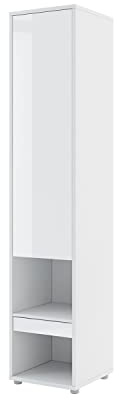 MEBLINI Armoire pour lit escamotable Bed Concept - Armoire Haute avec rangements, Compartiments et tiroir - Table de Nuit - BC-07 - Blanc Laqué Brillant/Blanc
