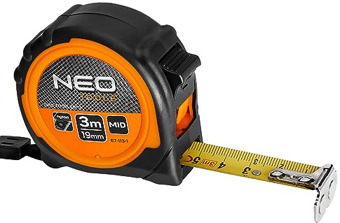 NEO TOOLS Bandmass Kunststoffgehäuse Nylonbeschichtung zum Schutz der Skala vor Abrieb - Gürtel-Clip - Rückzugsdämpfer - Robustes Profi Maßband vernietet mit Gürtelklemme und Aufrollsystem – (3mx19mm)