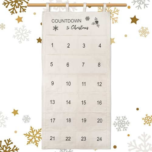 BOFUNX Adventskalender 2024 als Wandkalender zum Befüllen mit 24 Stoffbeutel Weihnachtskalender Countdown to Christmas Kinder Wandkalender aus Stoff 120 x 60 cm Weiß