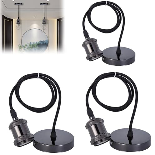 3 Stück E27 Lampenaufhängung, E27 Fassung mit Kabel Retro Fassung Lampenfassung mit 100cm Kabel Vintage Pendelleuchte mit Deckenhalterung Pendelleuchte für Zuhause, Bar, Café