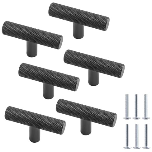 Cjueiom 6 Pack Matt Black T Bar Kitchen Cabinet Knobs, 50mm Length, Knurled Design with Diamond Pattern, Wardrobe Door Knobs