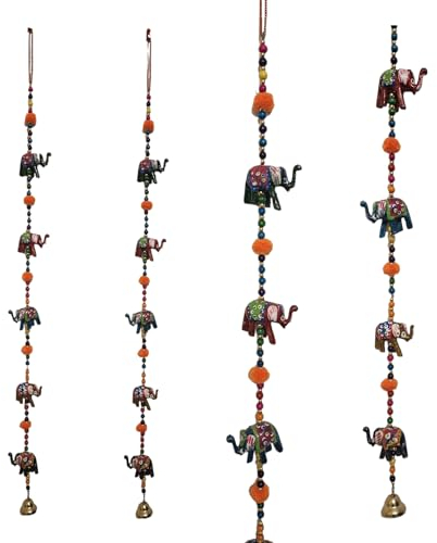 Yepsio Mehrfarbiges Windspiel, 5 Elefanten an Schnur mit Messingglocke, perfekt für Wände, Türen, Fenster, symbolisiert Glück, ideal für Büro und Heimdekoration (2)
