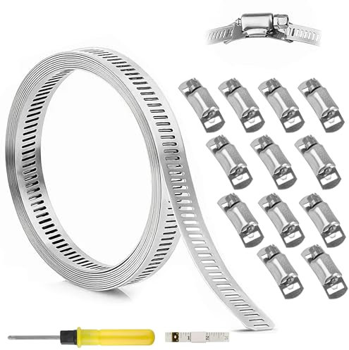 OIFIKAA Hose Clips - 12Pcs, 3M/9.8ft Jubilee Clips, Pipe Clamps with 12 Fasteners, Adjustable, Stainless Steel for Tube, Plumbing & Fuel Line