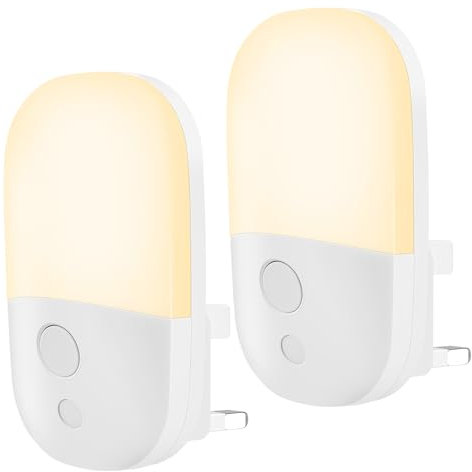 Plug-in Night Light With Dusk to Dawn Photocell Sensor, 3 Brightness Levels, 2 Pack Dimmable, 2700K Warm White for Bedroom, Hallway, Nursery