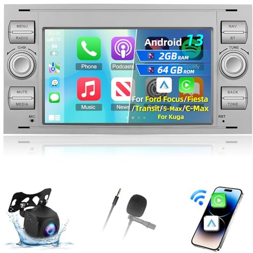 2+64G Android 13 Autoradio für Ford Transit Fiesta Focus Galaxy Mondeo Fusion für Kuga C-Max S-Max Connect mit Carplay&Android Auto - 7 Zoll Radio Unterstützung WiFi GPS SWC + Rückfahrkamera&Mic