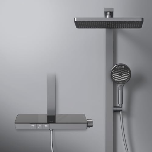 EMKE Système de Douche Thermostatique, Douche Pluie avec Pommeau à Main 4-en-1, Barre de Douche avec Plaque Thermostatique de 40 cm, Douche Pluie Thermostatique, Anthracite Mat