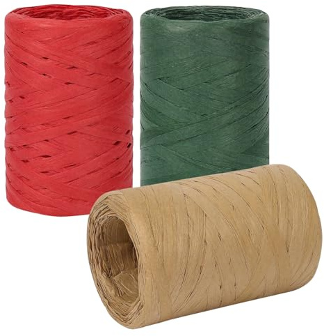 3 Rolls 300m Raffia Ribbon, Matte Raffia Ribbon Paper String | for Gift Wrapping, Crafting, Wedding Bouquet Packing and Crocheting (Red Green Brown)