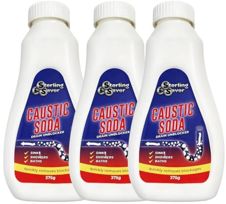 Powerful Caustic Soda Drain Cleaner(1125g) - 375g x 3 Bottles | Effective Clog Remover, Industrial Strength Formula, Fast Action; Remove Blockages Quickly and Conveniently, Drain Maintenance