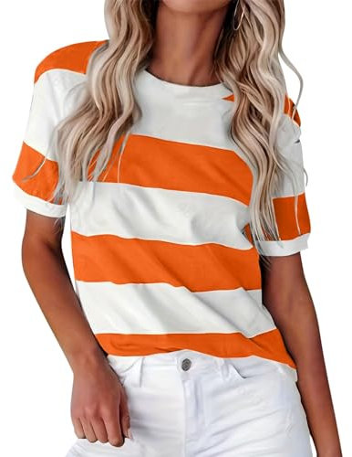 Damen Shirt Sommer Top Bluse Bequem Lässig Gestreifte T-Shirt Blusen Rundhals Kurzarm T-Shirt Streifen Casual Basic Oberteile Frauen Frühjahr Mode Blau Weiß Gestreift Druck T-Shirt (Orange, M)